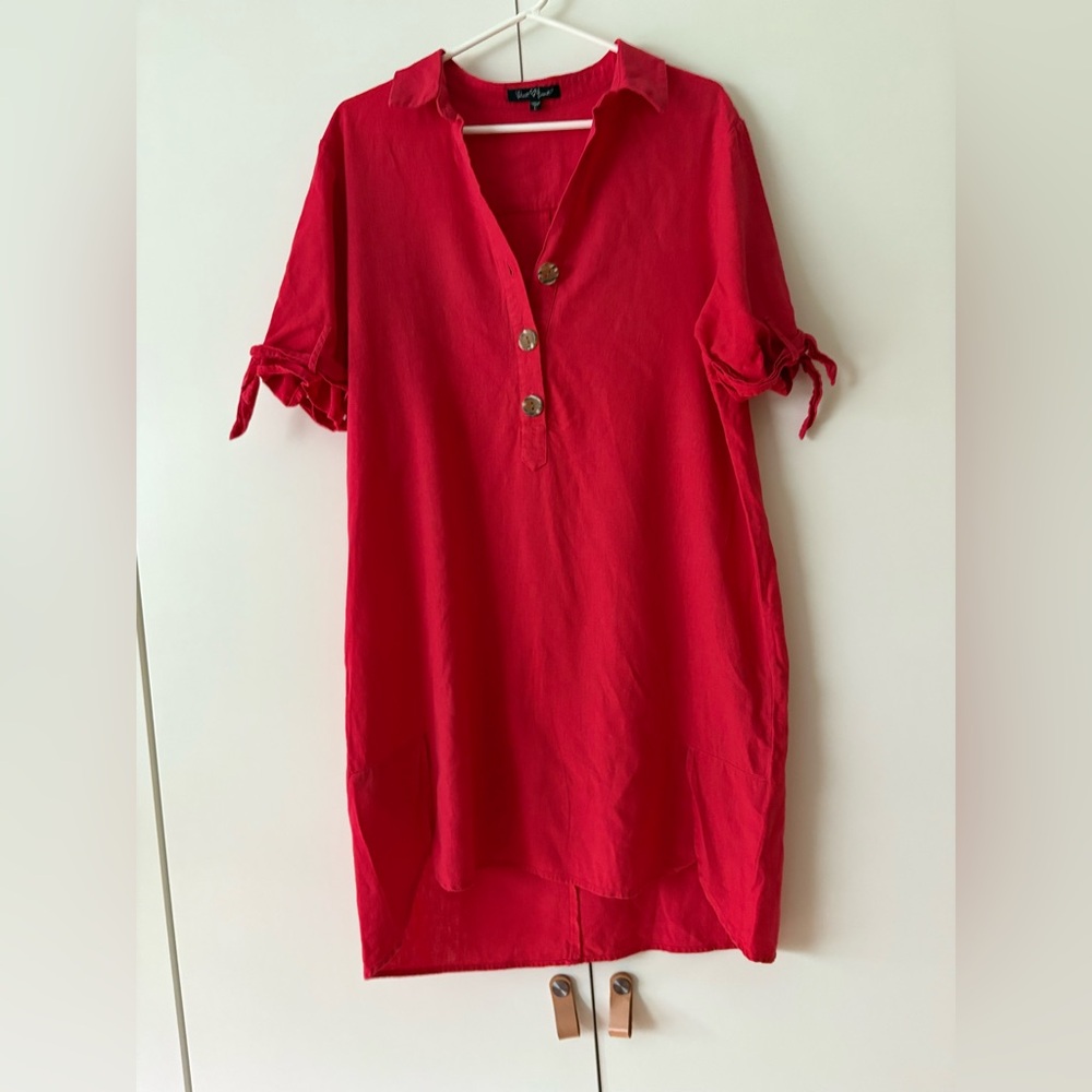 Velvet Heart Vibrant Red Tunic - swim cover up, sz L, linen blend